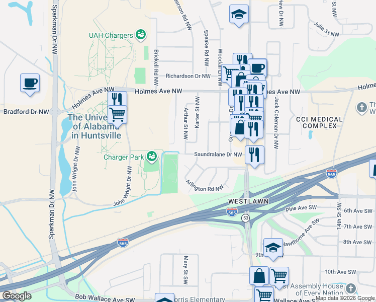 map of restaurants, bars, coffee shops, grocery stores, and more near 400 Arthur Street Northwest in Huntsville