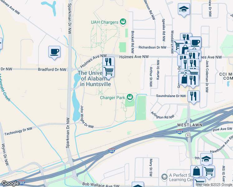 map of restaurants, bars, coffee shops, grocery stores, and more near 1103 John Wright Drive Northwest in Huntsville
