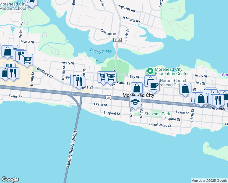 map of restaurants, bars, coffee shops, grocery stores, and more near 1913 Bridges Street in Morehead City