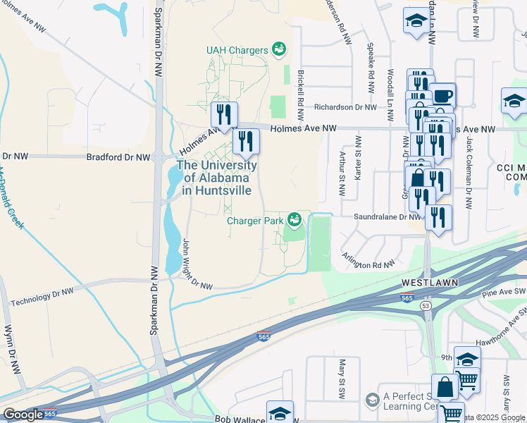 map of restaurants, bars, coffee shops, grocery stores, and more near 1103 John Wright Drive Northwest in Huntsville