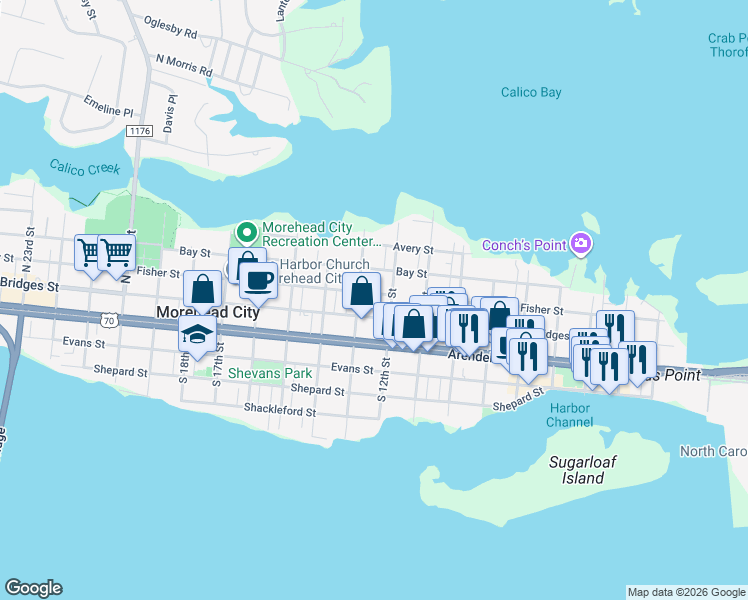 map of restaurants, bars, coffee shops, grocery stores, and more near 1209 Fisher Street in Morehead City