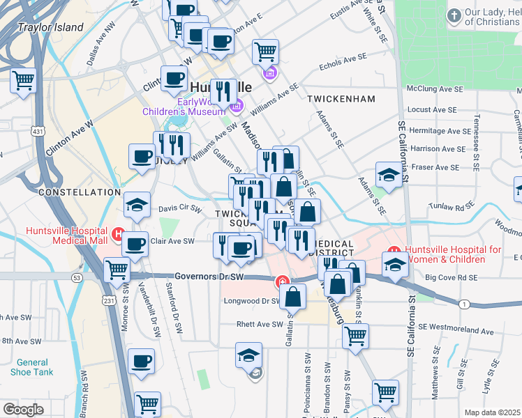 map of restaurants, bars, coffee shops, grocery stores, and more near 715 Gallatin Street Southwest in Huntsville