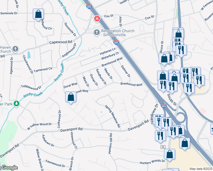 map of restaurants, bars, coffee shops, grocery stores, and more near 199 Sandhurst Drive in Simpsonville