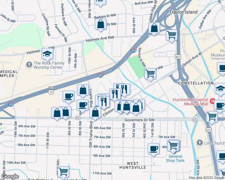 map of restaurants, bars, coffee shops, grocery stores, and more near 202 Lowry Street Northwest in Huntsville