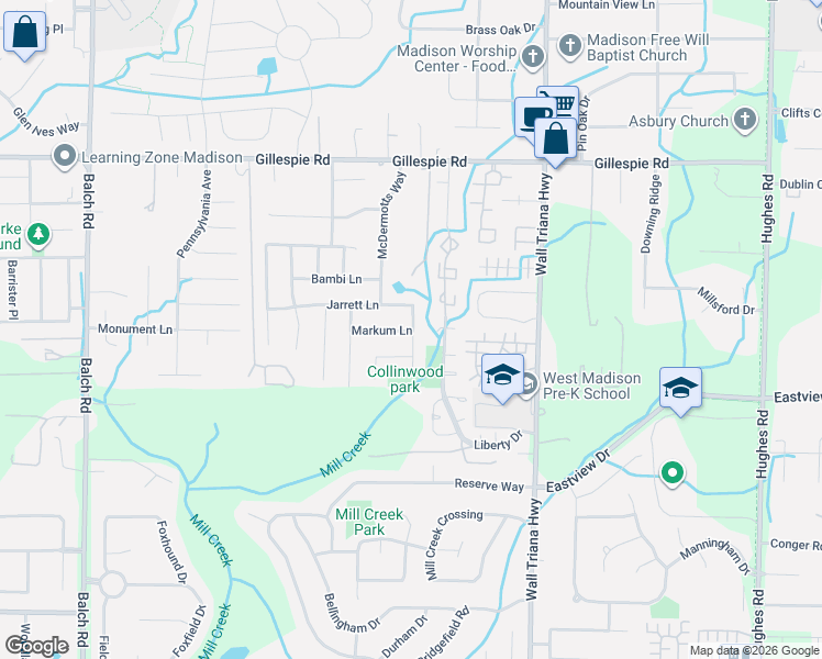 map of restaurants, bars, coffee shops, grocery stores, and more near 105 Markum Lane in Madison