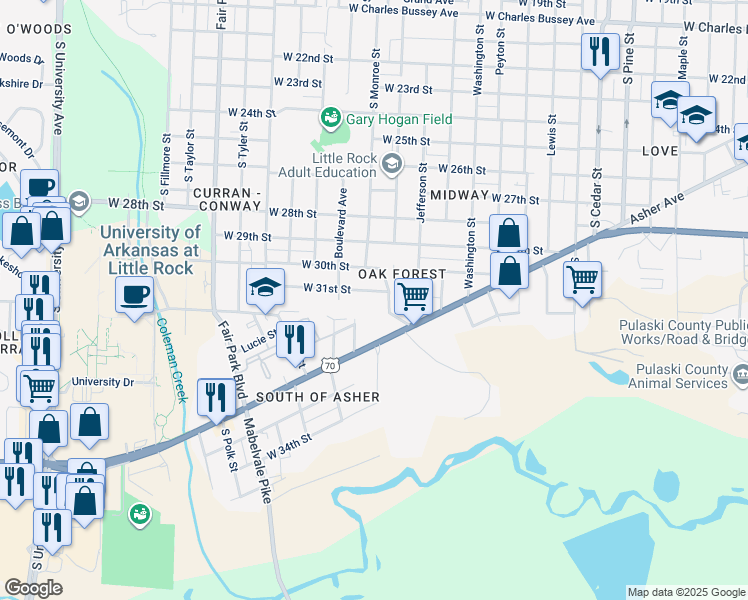 map of restaurants, bars, coffee shops, grocery stores, and more near 3100 Madison Street in Little Rock