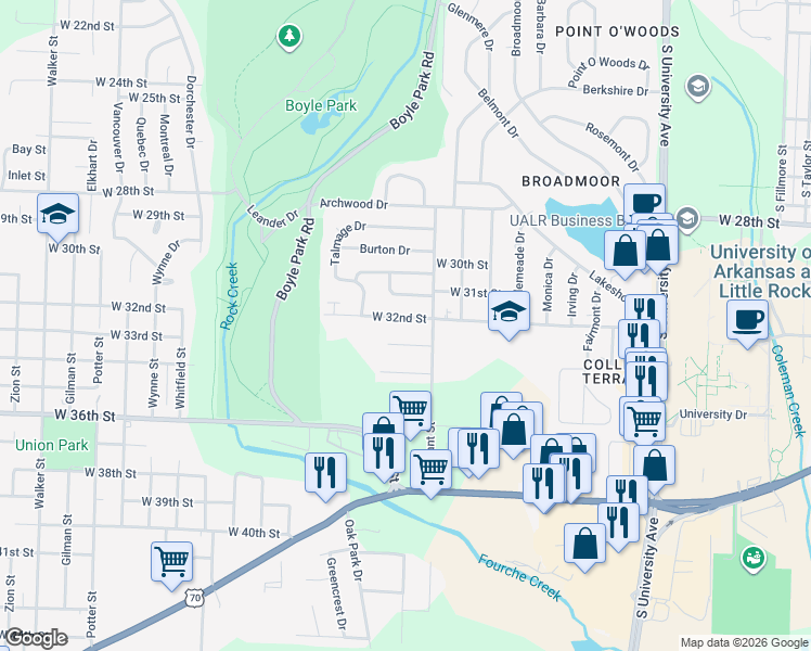 map of restaurants, bars, coffee shops, grocery stores, and more near 6821 West 32nd Street in Little Rock