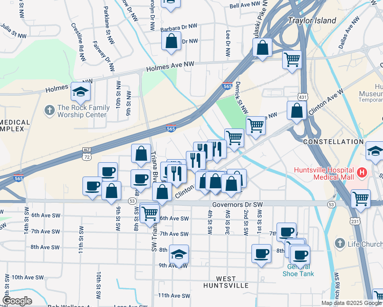map of restaurants, bars, coffee shops, grocery stores, and more near 202 Lowry Street Northwest in Huntsville