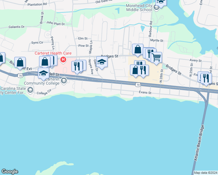 map of restaurants, bars, coffee shops, grocery stores, and more near 3302 Evans Street in Morehead City