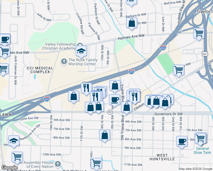 map of restaurants, bars, coffee shops, grocery stores, and more near 2908 2nd Avenue Northwest in Huntsville