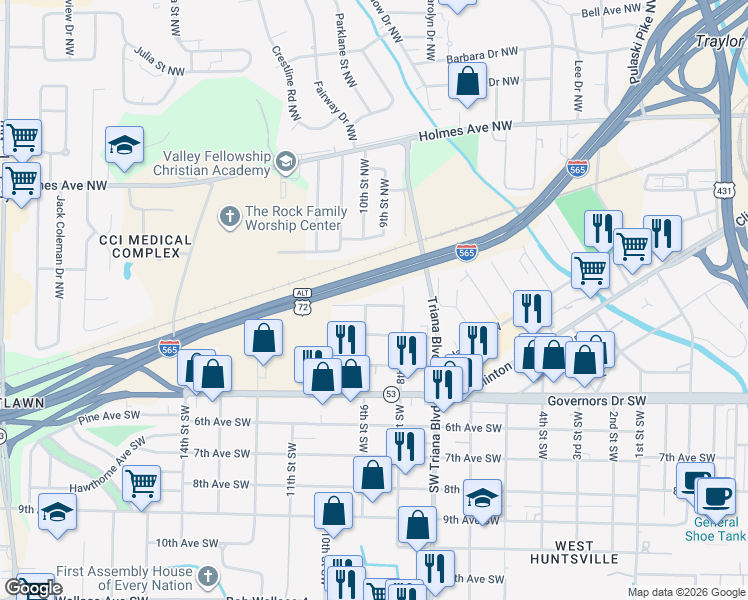 map of restaurants, bars, coffee shops, grocery stores, and more near 2908 2nd Avenue Northwest in Huntsville