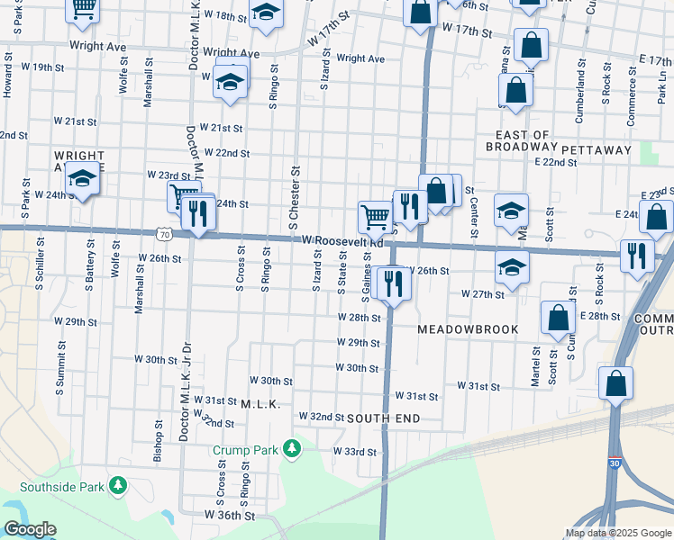 map of restaurants, bars, coffee shops, grocery stores, and more near 2600 South State Street in Little Rock
