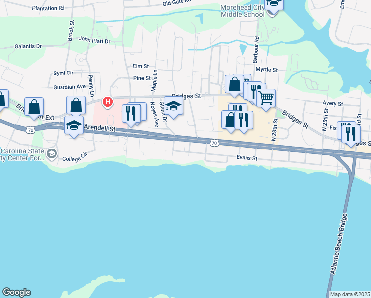 map of restaurants, bars, coffee shops, grocery stores, and more near 3302 Evans Street in Morehead City
