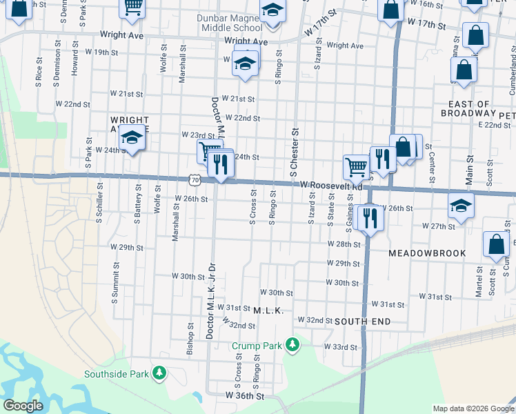 map of restaurants, bars, coffee shops, grocery stores, and more near 2606 South Cross Street in Little Rock