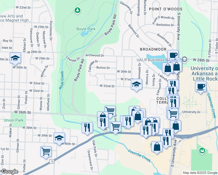 map of restaurants, bars, coffee shops, grocery stores, and more near 6821 West 32nd Street in Little Rock
