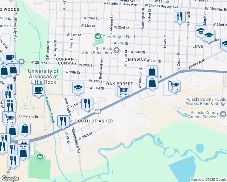 map of restaurants, bars, coffee shops, grocery stores, and more near 3100 Madison St in Little Rock