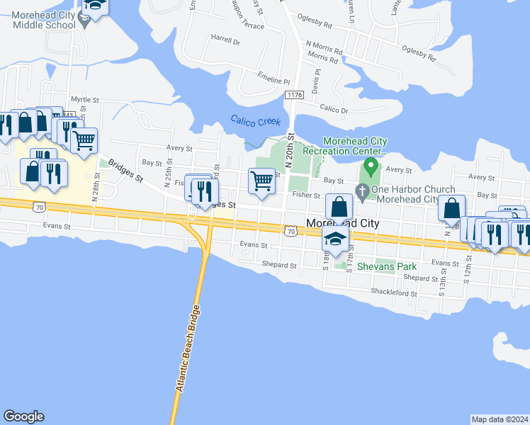 map of restaurants, bars, coffee shops, grocery stores, and more near 2011 Bridges Street in Morehead City