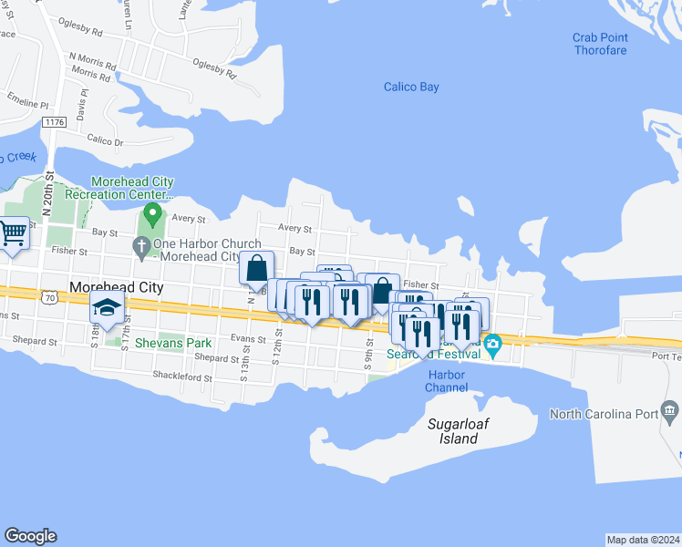 map of restaurants, bars, coffee shops, grocery stores, and more near 1000 Fisher Street in Morehead City