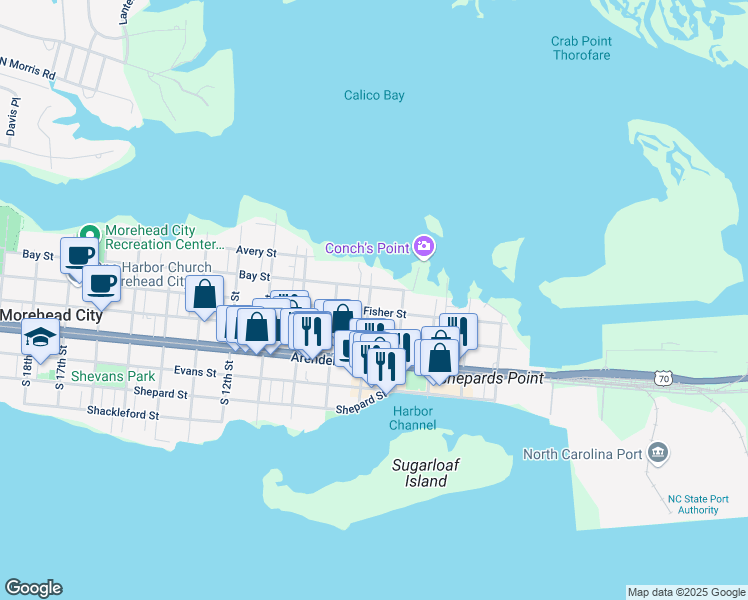 map of restaurants, bars, coffee shops, grocery stores, and more near 304 North 8th Street in Morehead City