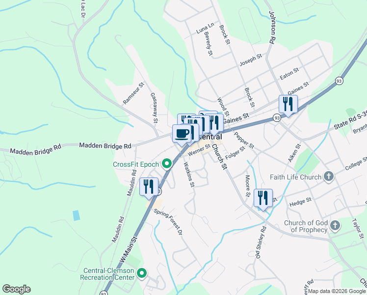 map of restaurants, bars, coffee shops, grocery stores, and more near 224 West Main Street in Central
