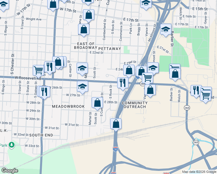 map of restaurants, bars, coffee shops, grocery stores, and more near 323 East 26th Street in Little Rock