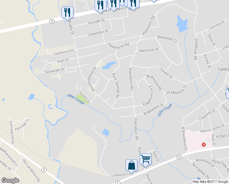 map of restaurants, bars, coffee shops, grocery stores, and more near 518 Rock Springs Road in Lancaster