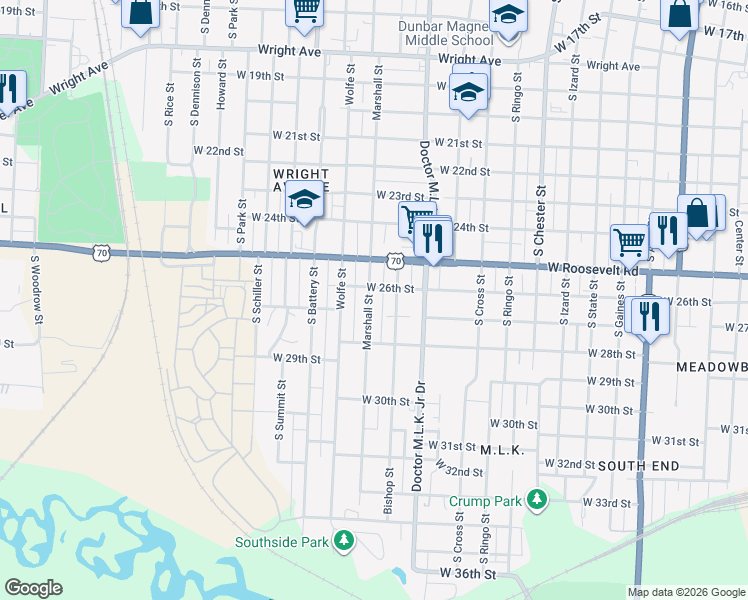 map of restaurants, bars, coffee shops, grocery stores, and more near 2611 Marshall Street in Little Rock