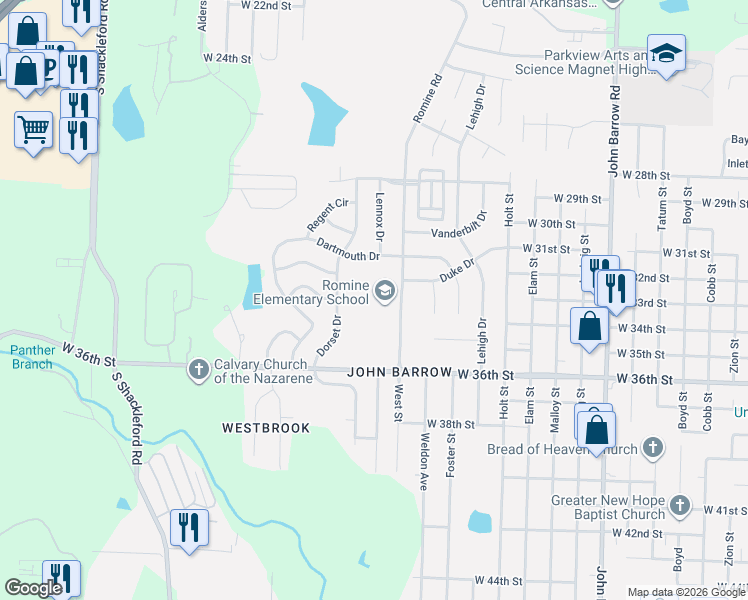 map of restaurants, bars, coffee shops, grocery stores, and more near 3400 Romine Road in Little Rock