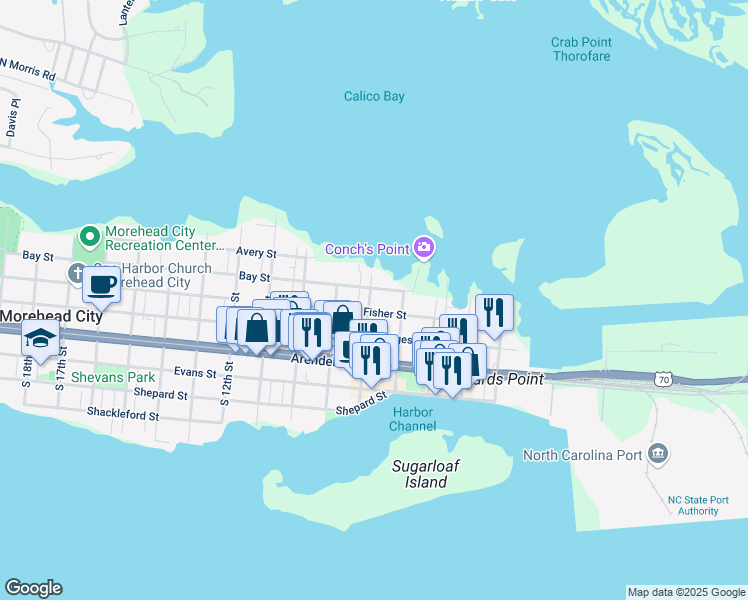map of restaurants, bars, coffee shops, grocery stores, and more near 304 North 8th Street in Morehead City