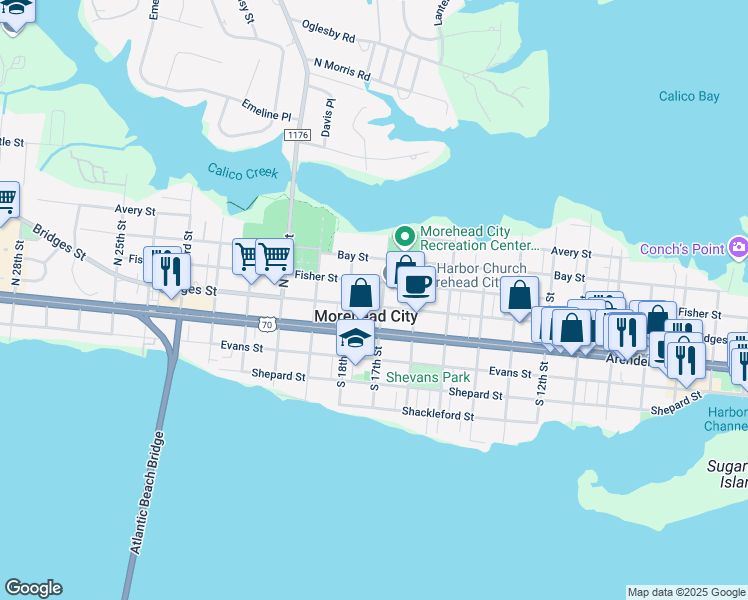 map of restaurants, bars, coffee shops, grocery stores, and more near 1702 Bridges Street in Morehead City