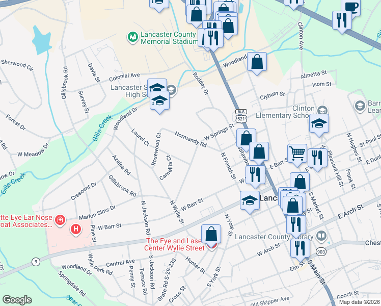 map of restaurants, bars, coffee shops, grocery stores, and more near 410 W Springs St in Lancaster