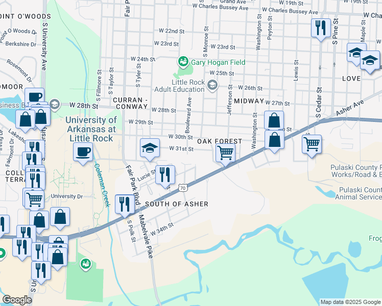 map of restaurants, bars, coffee shops, grocery stores, and more near 4919 West 31st Street in Little Rock