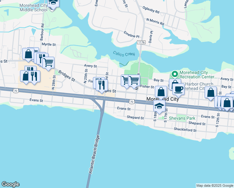 map of restaurants, bars, coffee shops, grocery stores, and more near 2113 Bridges Street in Morehead City