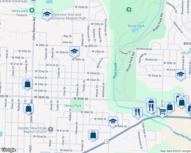 map of restaurants, bars, coffee shops, grocery stores, and more near 3208 Wynne St in Little Rock