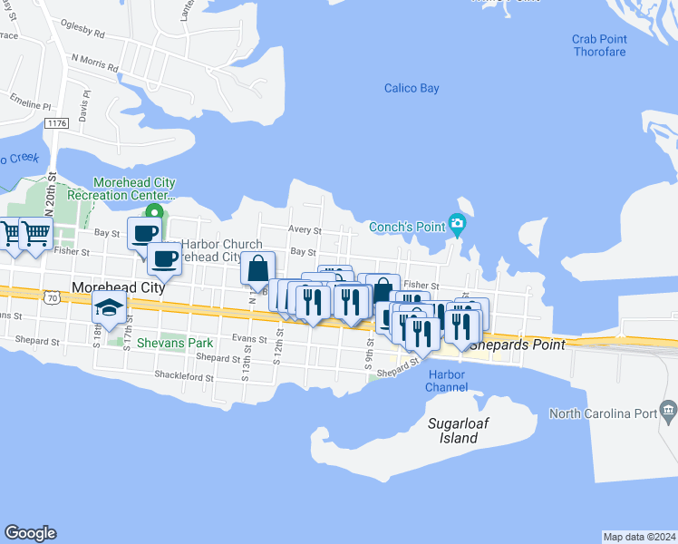map of restaurants, bars, coffee shops, grocery stores, and more near 1002 Fisher Street in Morehead City