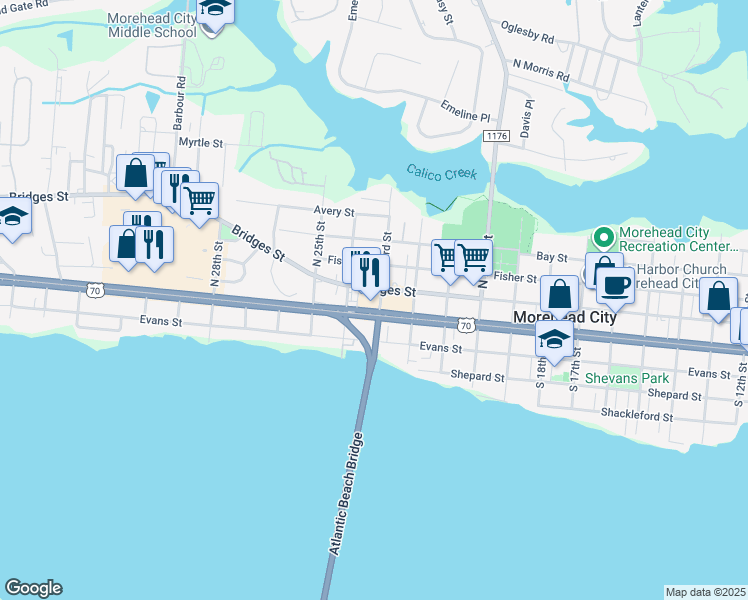 map of restaurants, bars, coffee shops, grocery stores, and more near 103 North 23rd Street in Morehead City