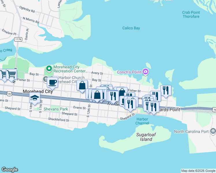 map of restaurants, bars, coffee shops, grocery stores, and more near 1006 Fisher Street in Morehead City