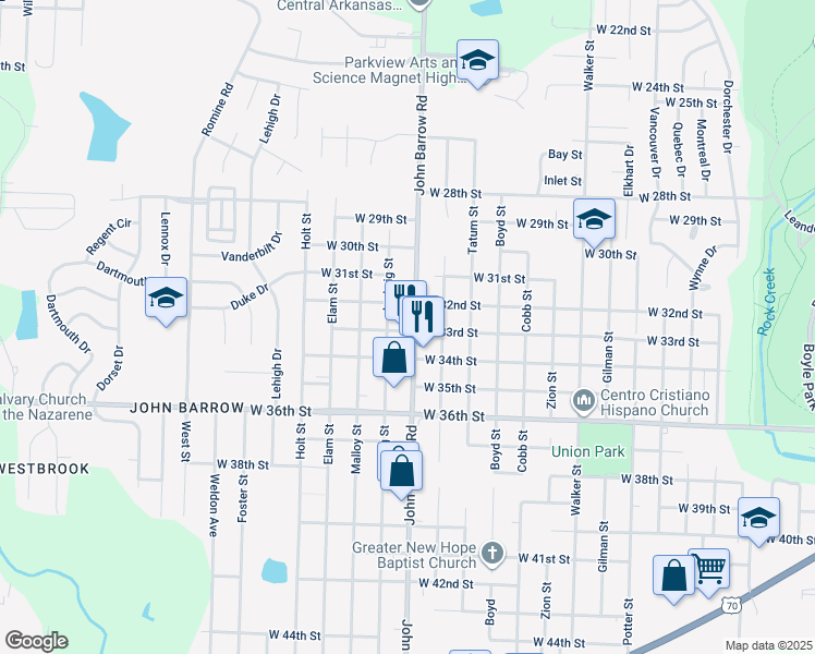 map of restaurants, bars, coffee shops, grocery stores, and more near 3224 John Barrow Road in Little Rock