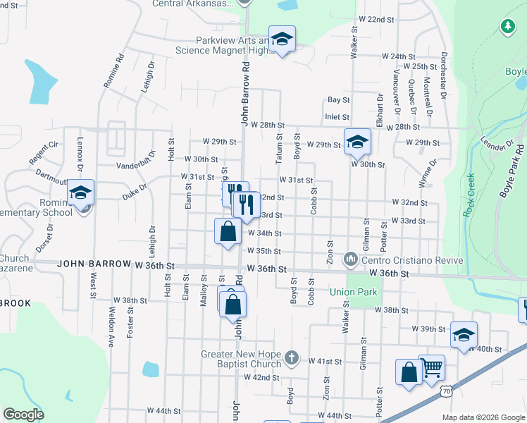 map of restaurants, bars, coffee shops, grocery stores, and more near 3221 Longcoy Street in Little Rock