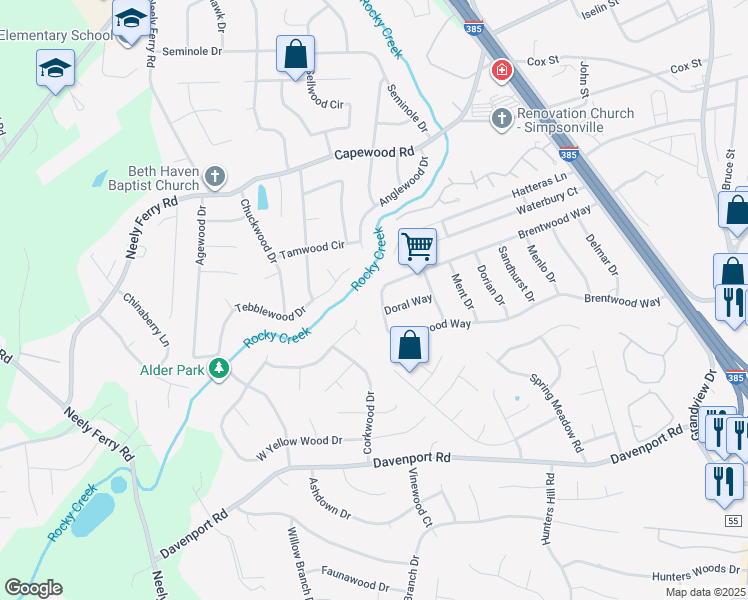 map of restaurants, bars, coffee shops, grocery stores, and more near 814 Brentwood Way in Simpsonville