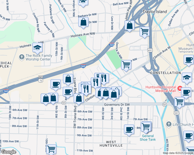 map of restaurants, bars, coffee shops, grocery stores, and more near 202 Lowry Street Northwest in Huntsville