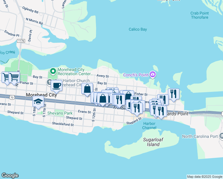 map of restaurants, bars, coffee shops, grocery stores, and more near 1006 Fisher Street in Morehead City
