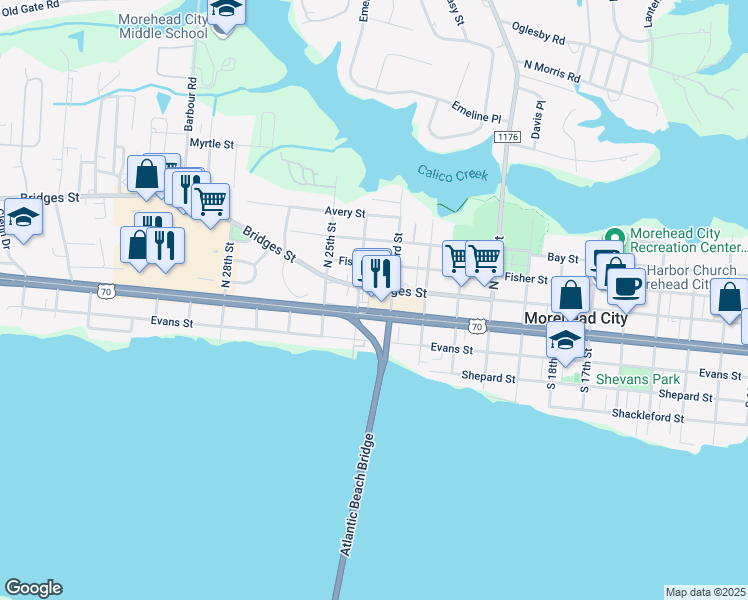 map of restaurants, bars, coffee shops, grocery stores, and more near 2302 Arendell Street in Morehead City