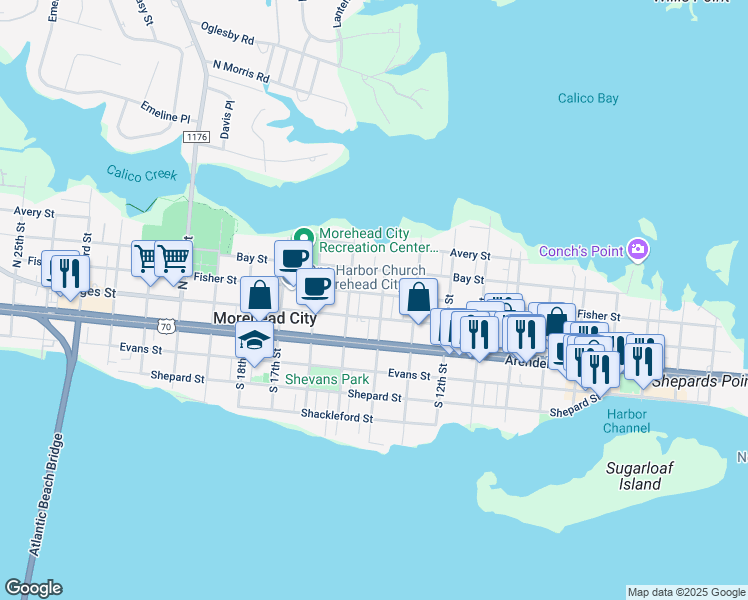map of restaurants, bars, coffee shops, grocery stores, and more near 1403 Fisher Street in Morehead City