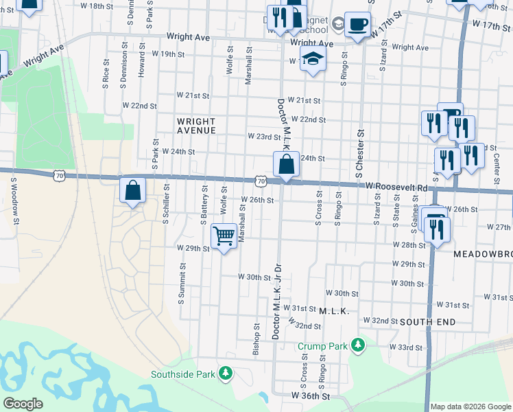map of restaurants, bars, coffee shops, grocery stores, and more near 2611 Marshall Street in Little Rock
