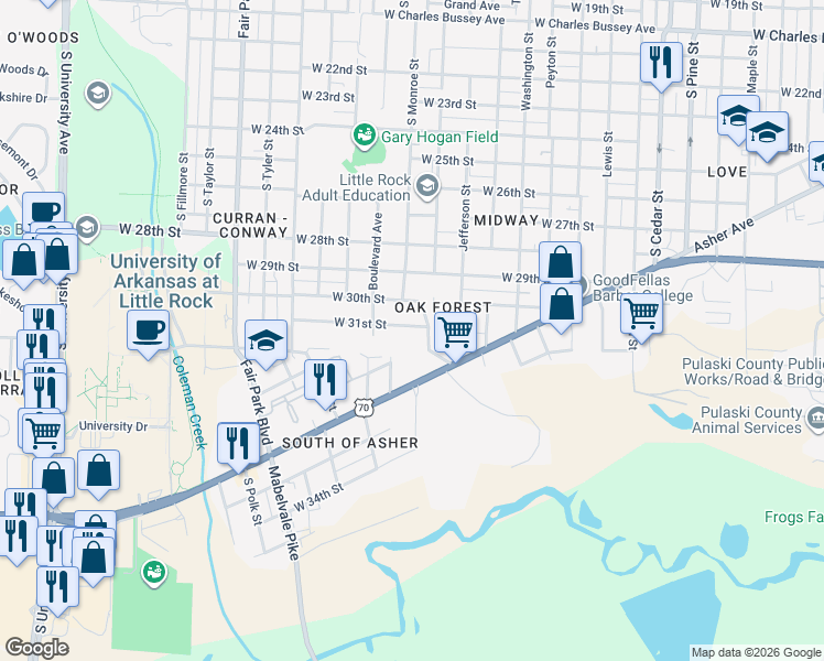 map of restaurants, bars, coffee shops, grocery stores, and more near 3100 Madison Street in Little Rock