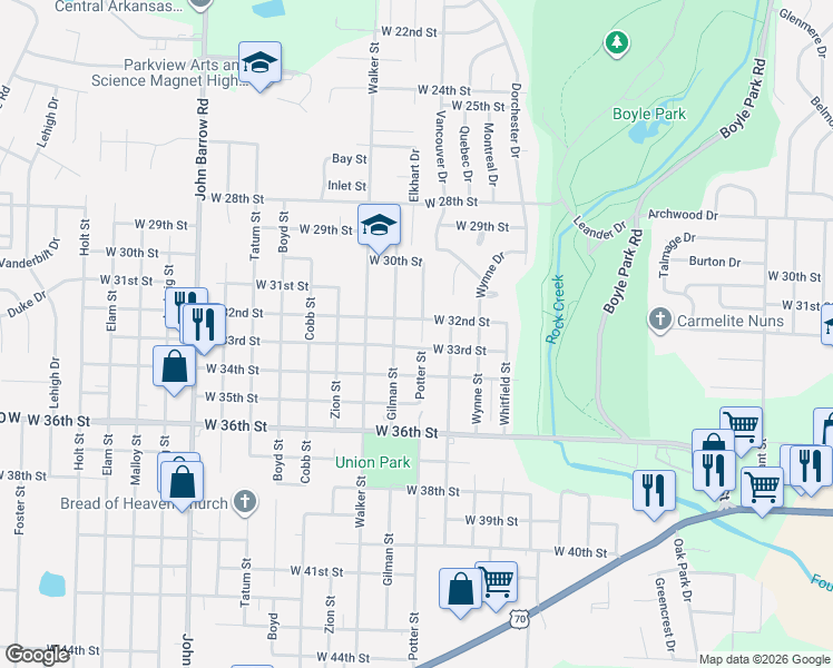 map of restaurants, bars, coffee shops, grocery stores, and more near 3213 Potter Street in Little Rock