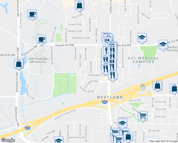 map of restaurants, bars, coffee shops, grocery stores, and more near 403 Ewing Street Northwest in Huntsville