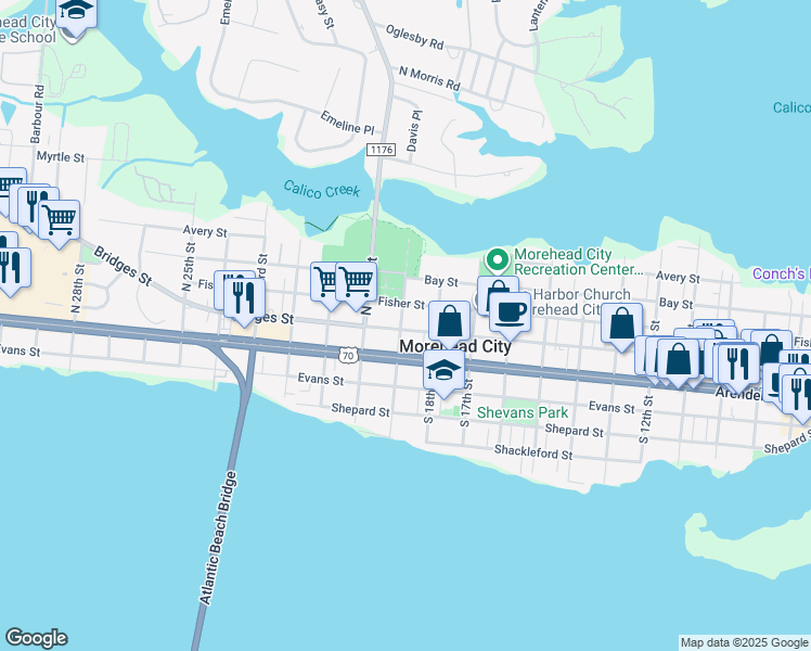 map of restaurants, bars, coffee shops, grocery stores, and more near 1812 Bridges Street in Morehead City