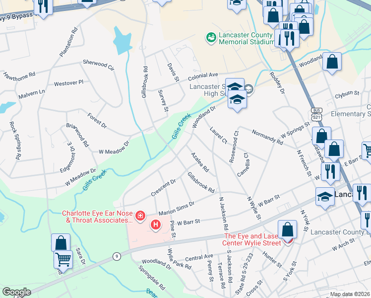 map of restaurants, bars, coffee shops, grocery stores, and more near 208 Azalea Road in Lancaster